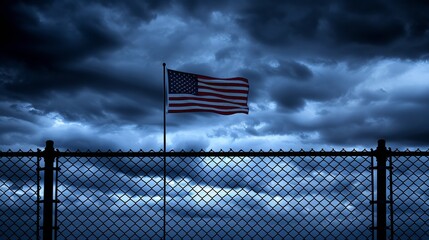 A small American flag caught in a closed metal fence under a cloudy sky