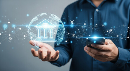 Man holding phone with bank icon globe overlay and network connections in a blue button down shirt