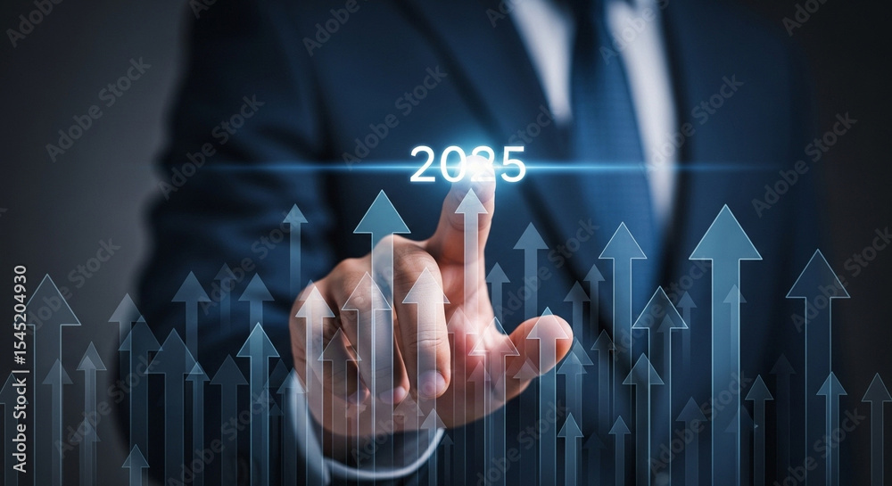 Aufkleber A man in a suit touching a screen with arrows and the year twenty twenty five displayed above them