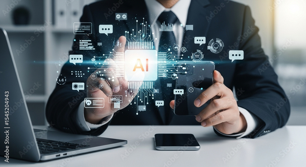 Poster businessman interacting with ai interface on smartphone and laptop on a white desk setup