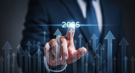 A man in a suit touching a screen with arrows and the year twenty twenty five displayed above them