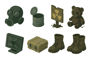 Post apocalyptic icons set – 3d, survival and dystopian themed symbols