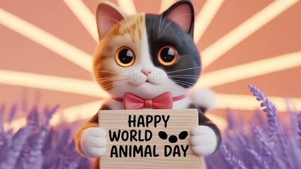 Animated Tricolor Cat Holding Happy World Animal Day Sign with Bow Tie in Lavender Field with a Sunlit Backdrop