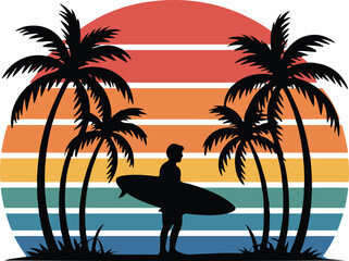 Tropical Sunset Surfer Silhouette