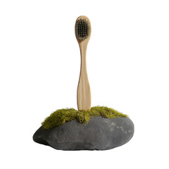 Reusable Bamboo Toothbrush on Moss and Dark Rock on white background,png