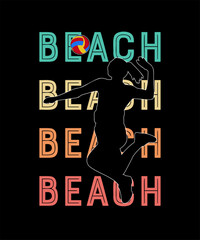 A stylized beach volleyball design featuring a dynamic silhouette of a female player in action, set against a repeating "BEACH" text in a retro color palette.