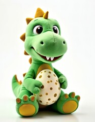 Green Dinosaur Plush Toy Holding Egg on White Background