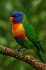Naklejka premium Colorful rainbow lorikeet perched on branch with vibrant green blue orange and yellow feathers in lush tropical forest