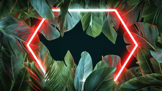 Futuristic Background Design. Tropical Leaves with White, Hexagon shaped Neon Frame.