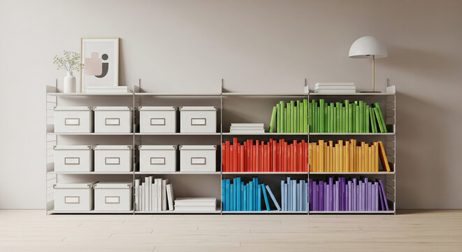 Rainbow Bookshelf with Color Coded Books.
Modern bookshelf styled with books organized by rainbow colors and white storage boxes.
