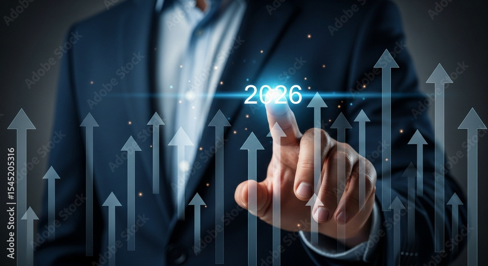 Poster A business man in a suit pointing at the year two thousand and twenty six with rising arrows behind