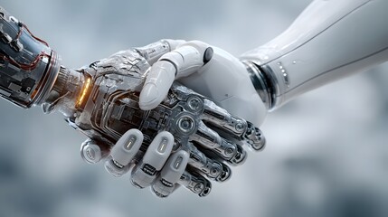 Robot and human shaking hands with neural interface connection