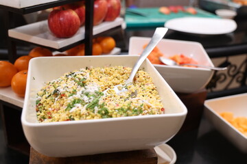 arrangement of dessert mango sweet in a hotel