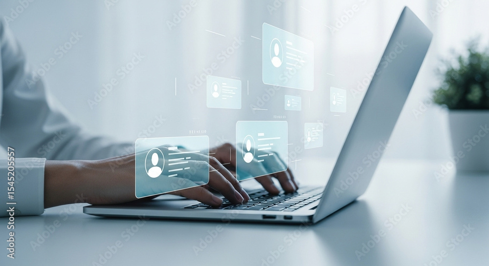 Poster Person typing on a laptop with digital user profiles floating above the keyboard in a bright office