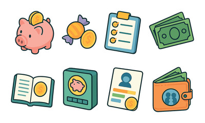 Kid's money icons set – flat, finance and savings symbols for educational projects