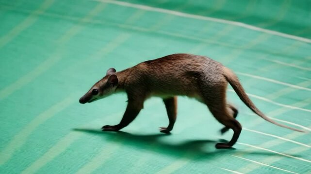 Small mammal scurries on green surface showcasing agility and speed in natural habitat