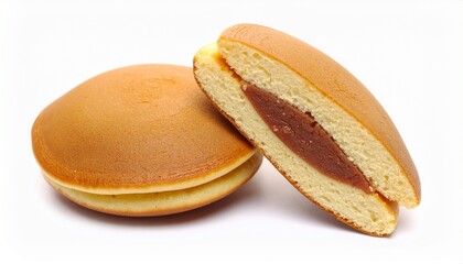 Whole and halved Japanese Dorayaki on white background close up 