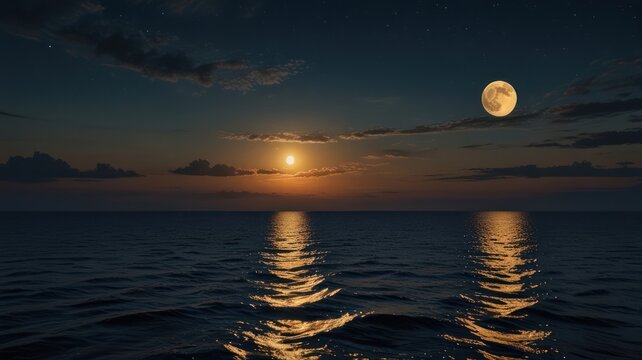 Full moon and sunset over a placid sea at night