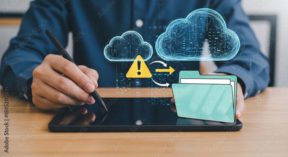 Poster Person using tablet with digital pen for cloud data transfer and file management process online
