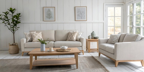Fototapeta premium Elegant Cream Sofa and Armchair in a Bright Living Room with Wooden Coffee Table and Natural Decor