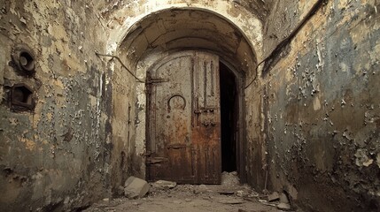 Fototapeta premium An old, dilapidated building with a rusted, arched door and a stone floor, surrounded by cobblestones and a stone wall.