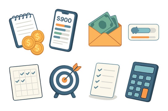 Personal finance tools icons set – outline, budgeting and money management symbols