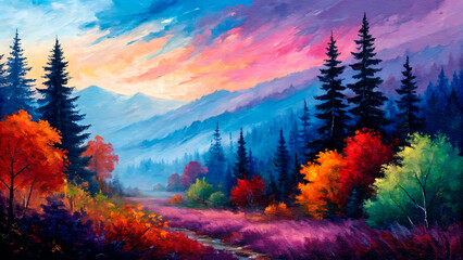 Serene forest landscape at dusk, with a variety of rich, saturated colors illuminating the trees, mountains, and a winding road, evoking a sense of tranquility and natural beauty.