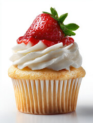 Vanilla cupcake with white cream frosting topped with fresh red strawberry on white background.