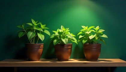 Obraz premium Trio of Potted Herbs on Rustic Wooden Shelf with Dark BackdropHerb Garden Display with Three Pots on Wood Shelf in Moody LightingMinimalist Kitchen Herb Setup with Wooden Shelf and Dark Contrast