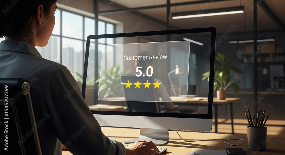 Poster woman at desk looking at customer review with five stars on computer screen in office setting
