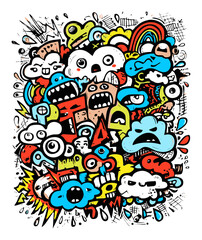Obraz premium Colorful Doodle Artwork Featuring Unique Characters and Vibrant Expressions