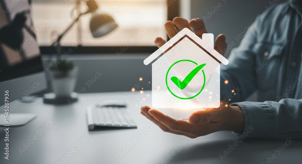 Poster Person holding a house icon with a green checkmark above a desk with computer and lamp in the background