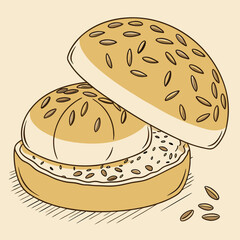 Seedy Golden Brown Bread Roll Cut in Half Showing Creamy Interior and Scattered Seeds