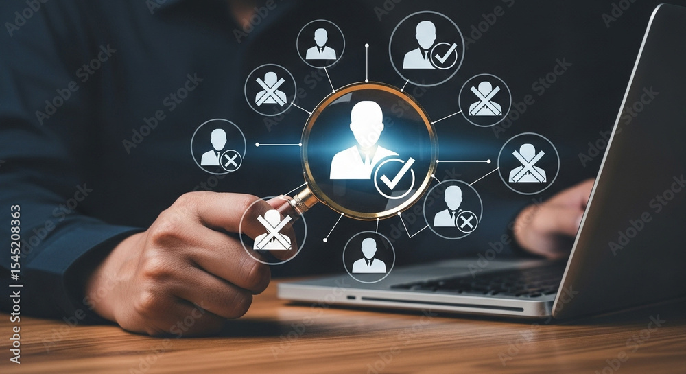 Poster Person using laptop with magnifying glass on candidate selection interface and network of profiles