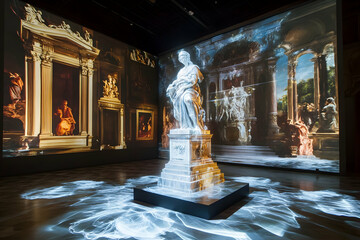 Immersive digital art installation featuring classical sculpture and architecture projections