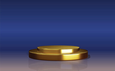 A gleaming golden two-tiered circular podium stands prominently on a reflective surface against a deep blue background. Ideal for showcasing products, awards, or concepts, symbolizing success, luxury