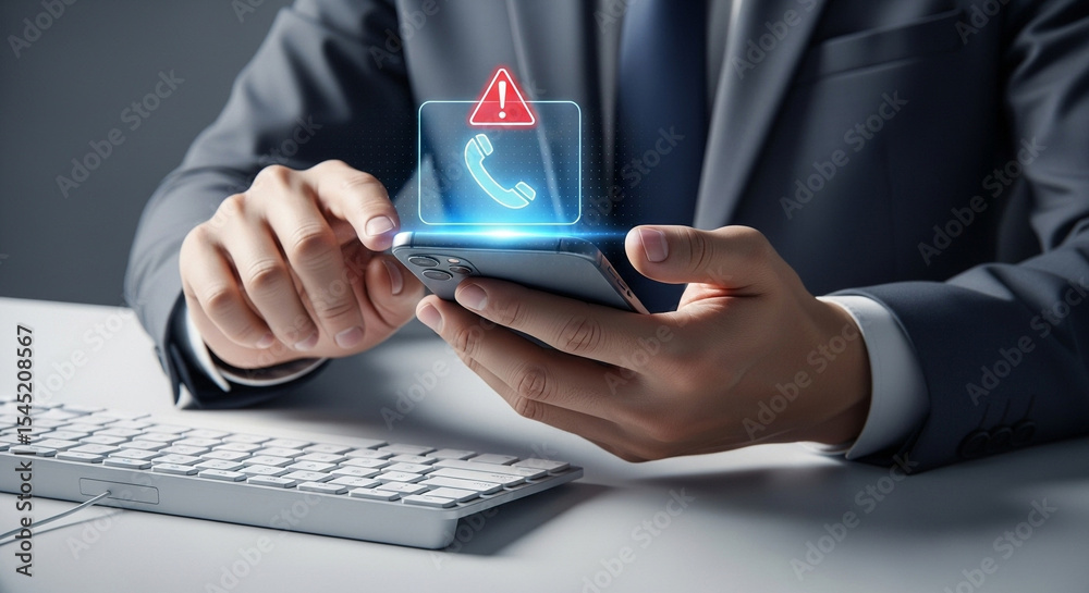 Poster a person holding a smartphone with a phone call alert and a keyboard on a white desk surface