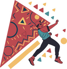 Energetic young man in a baseball cap dancing with abstract geometric shapes in a retro style