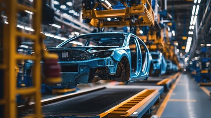 Fototapeta premium A blue car on an assembly line, with other cars in the background, in a manufacturing plant.
