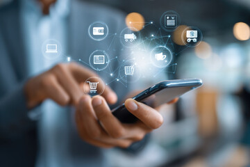 Digital online payment concept. Business people using mobile smart phone, online payment, banking, online shopping. Technology online banking applications via internet network. financial transaction