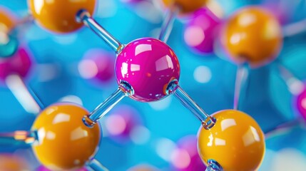 A colorful molecular model with pink and orange spheres on a blue background, with a blurred background and a focus on the spheres.