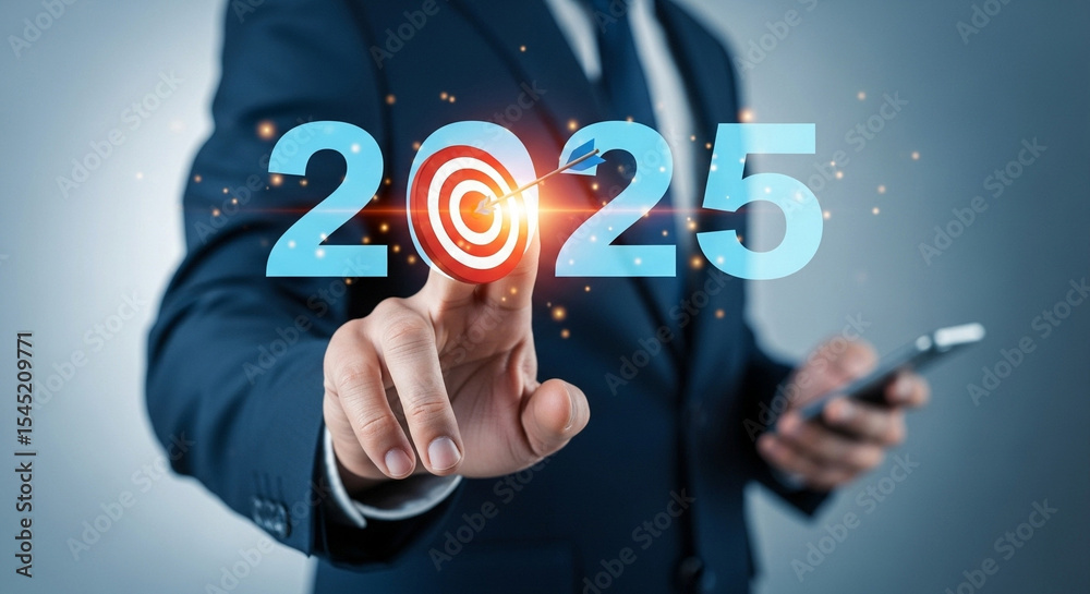 Poster a businessman pointing at a target in the year 2025 with a smartphone in his other hand