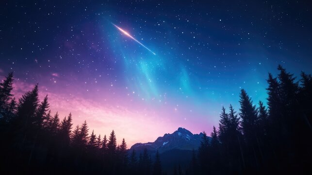 A vibrant night sky with a shooting star over a mountain forest - Powered by Adobe