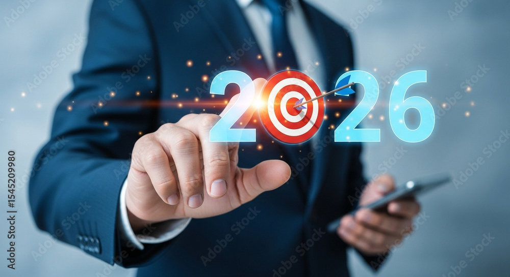 Poster A businessman pointing at a target with the year twenty twenty six in front of him in a blue suit