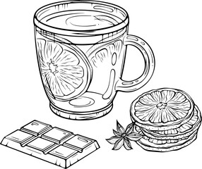 Still life of a glass tea cup with lemon slice, chocolate bar, and dried orange slices. Cozy food and drink composition. Vector illustration in hand drawn sketch style. Line art isolated on white