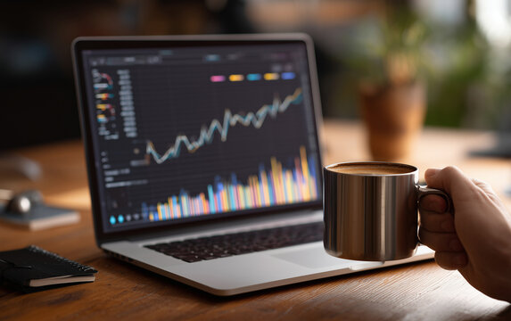 A person holding a cup of coffee, with an open laptop displaying graphs and charts on the screen in front of them, symbolizing data analysis for business operations.