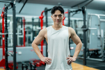 Confident sportsman standing with hands on hips in modern gym