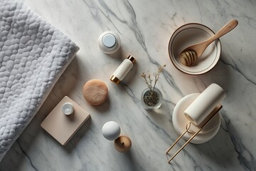 Luxury bathroom accessories flatlay on marble background