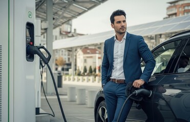 Modern businessman in elegant suit leans on electric vehicle at charging station, confidently representing innovation and eco-conscious future transportation vision