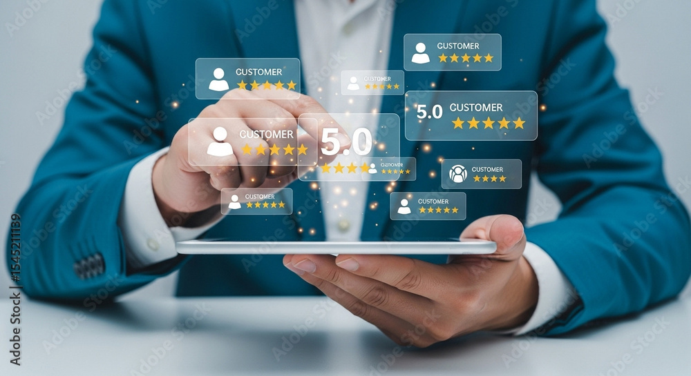 Poster Man interacting with digital customer feedback interface on a tablet device in a business setting